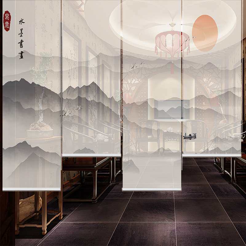 新中式窗帘卷帘山水中国风升降客厅玄关遮光电动隔断屏风百叶窗