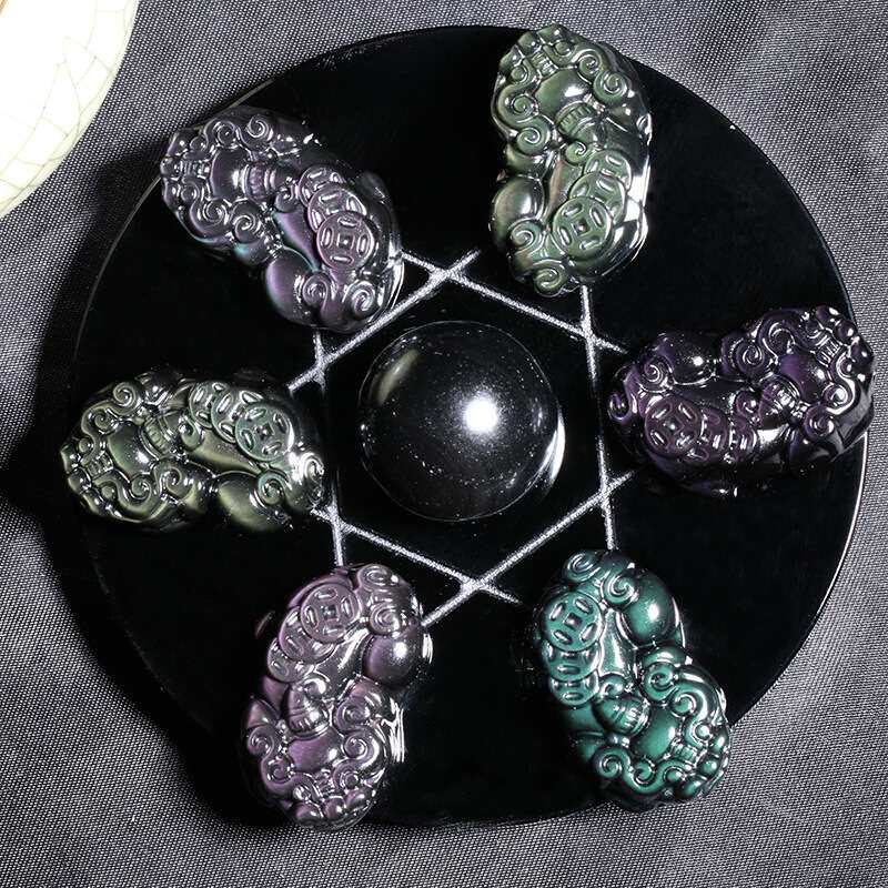 天然彩虹眼黑曜石三钱貔貅七星阵三钱皮丘家居摆件办公室饰品