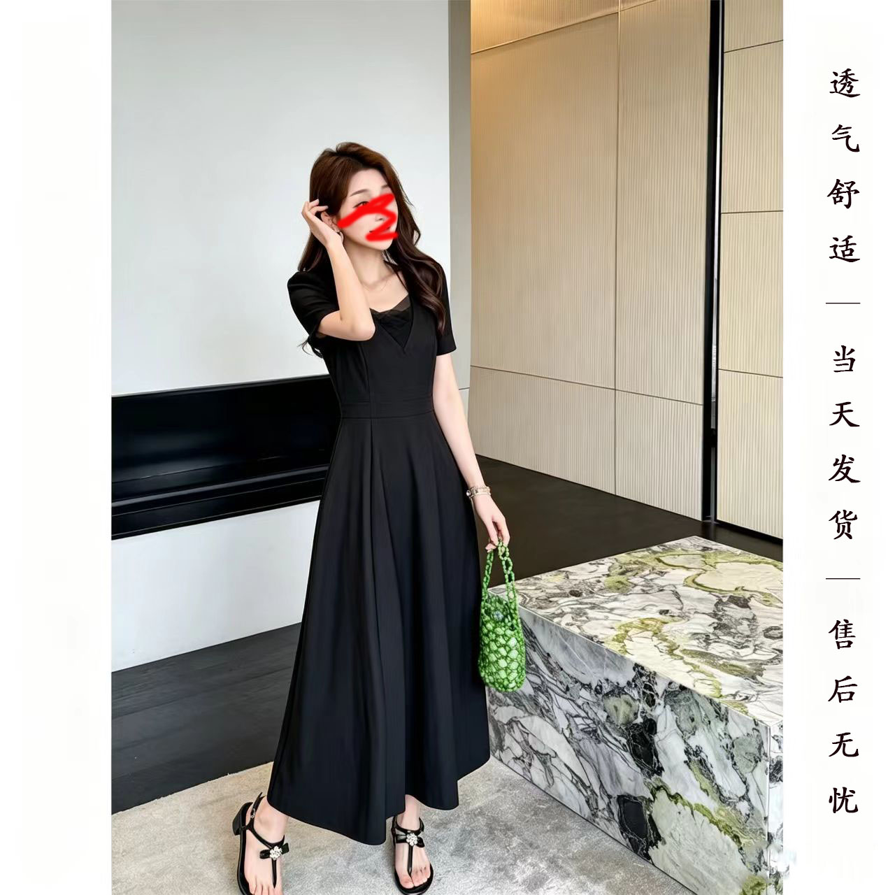 方领连衣裙夏季法式赫本