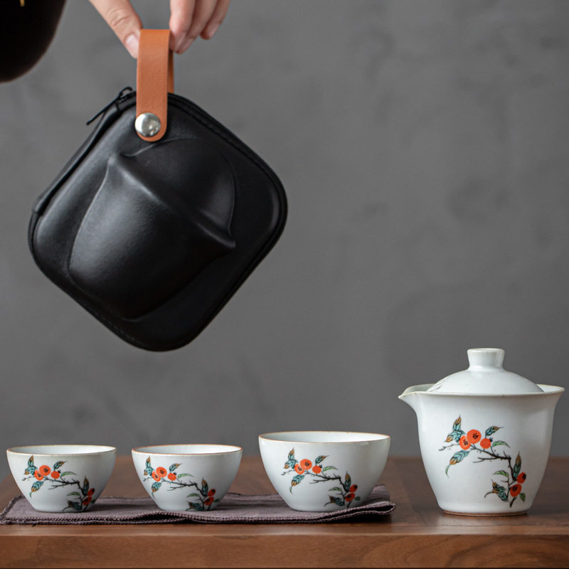 月白汝窑快客杯一壶两杯三杯旅行茶具套装便携户外办公室单人泡茶