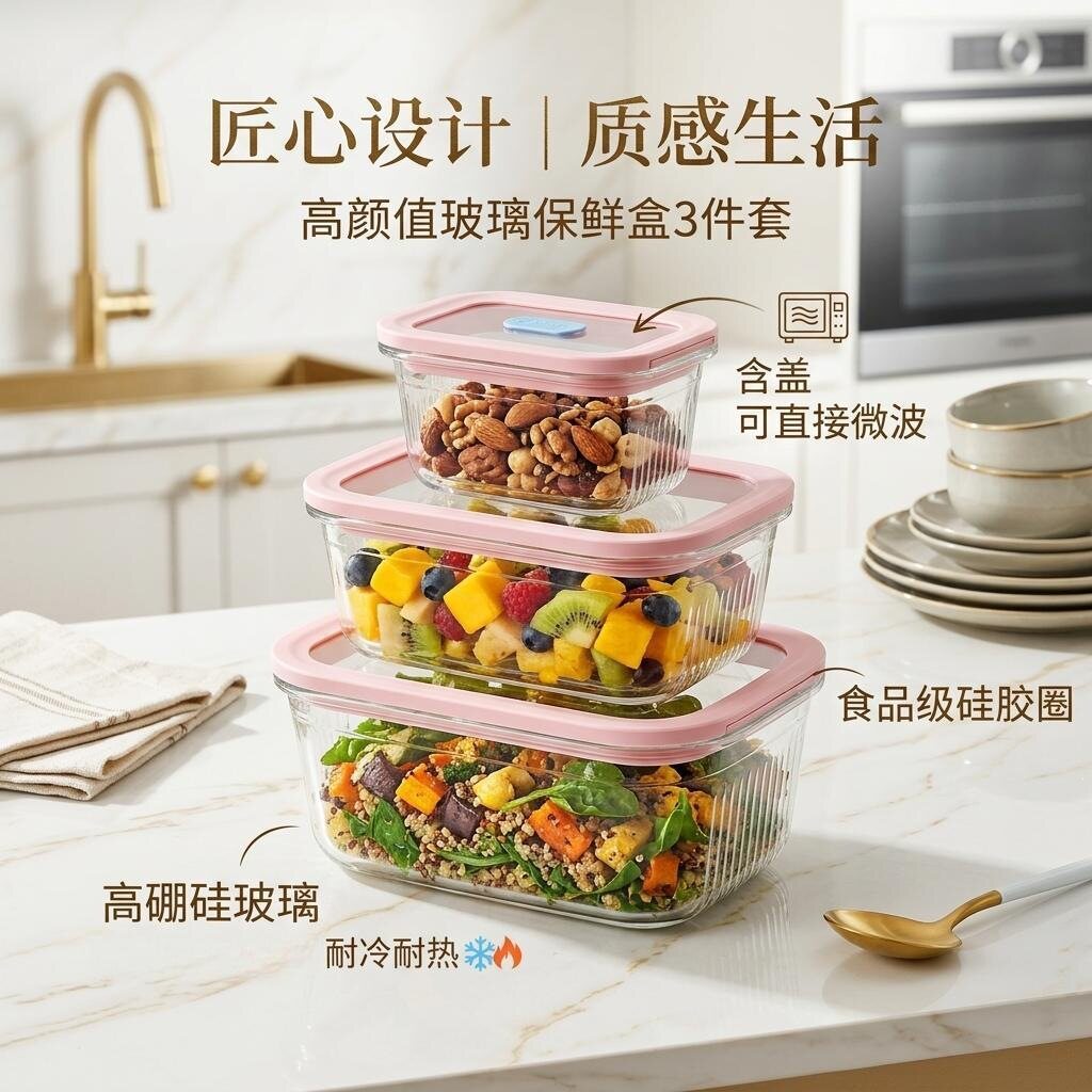 玻璃保鲜盒饭盒上班族密封储物盒便当盒三件套耐热微波炉烤箱可用