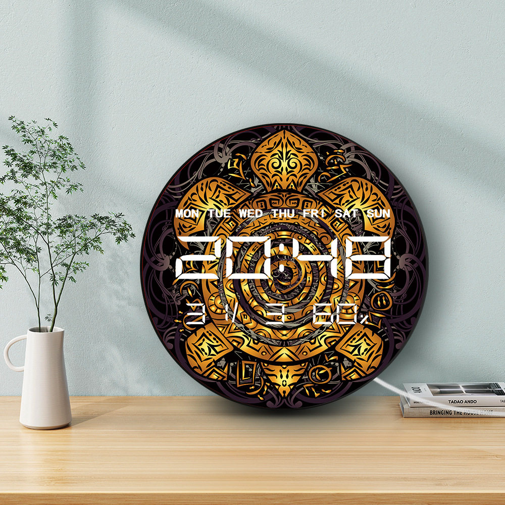 金色几何纹样抽象乌龟图挂钟电子多功能家用时钟温度湿度静音墙钟