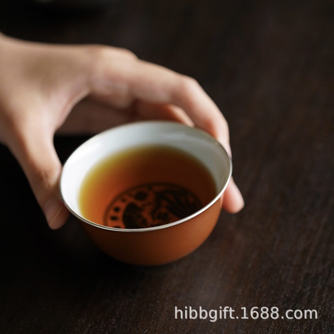 雲由山坊茶杯紫金釉鱼藻纹锔银杯主人杯陶瓷品茗杯单杯一件代发