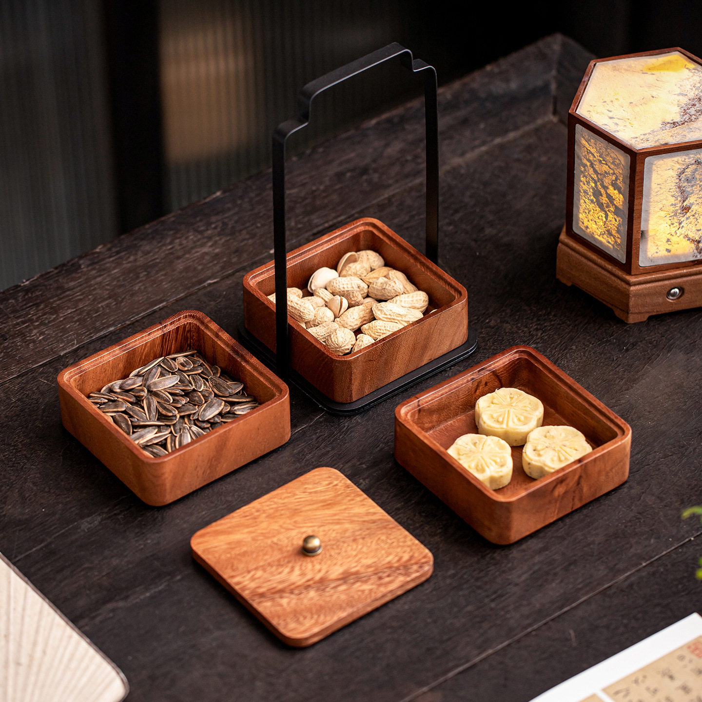 简约新中式实木果盘茶几收纳盒大容量干果盒家用复古高档手提食盒