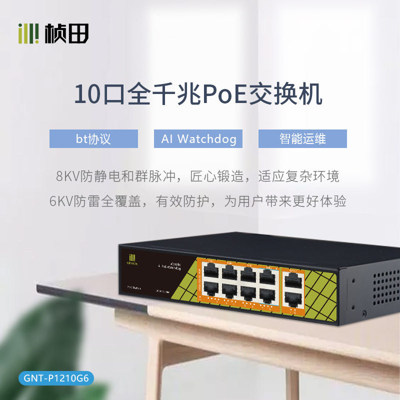 桢田全千兆8+210口国标POE交换机标准供电交换机大功率P1210G6