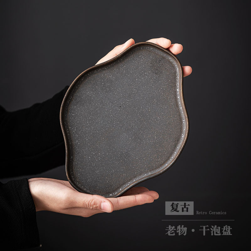 中式粗陶茶盘做旧复古鎏金干泡盘小茶台茶托陶瓷简约干泡茶盘批发
