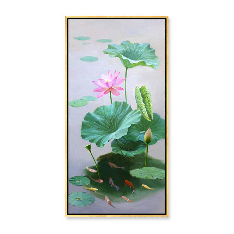 荷花九鱼图纯手绘油画入户玄关装饰画简约新中式挂画走廊过道壁画