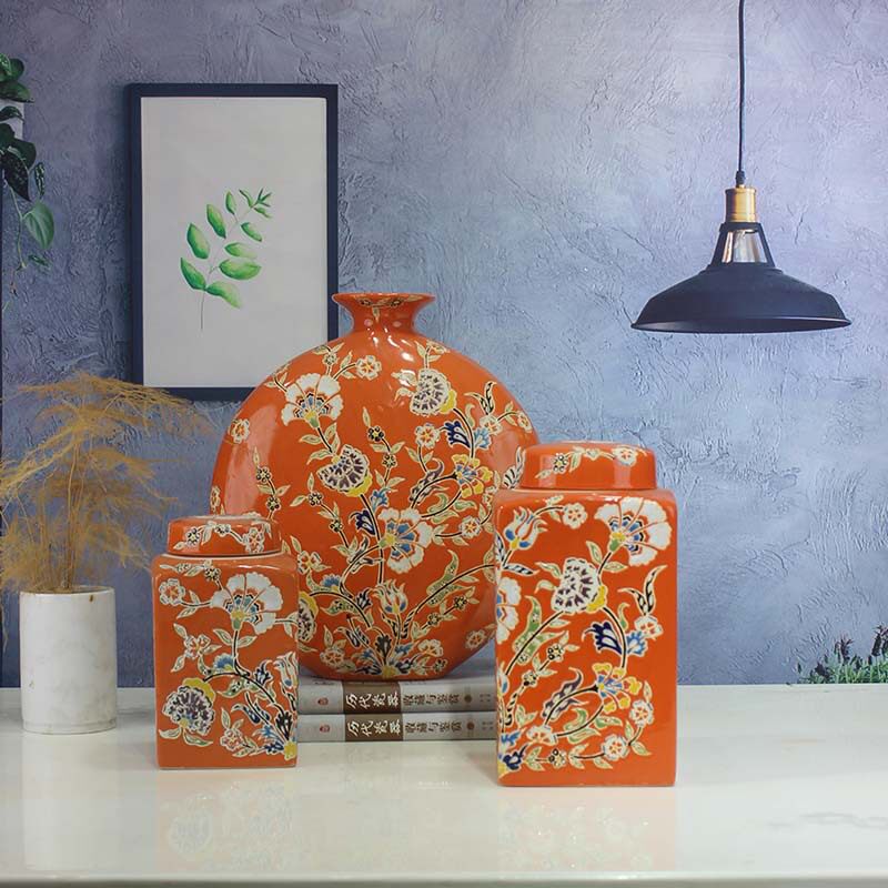 新中式陶瓷橘红色黄色陶瓷花瓶鲜花水培餐桌装饰品客厅摆件储物罐