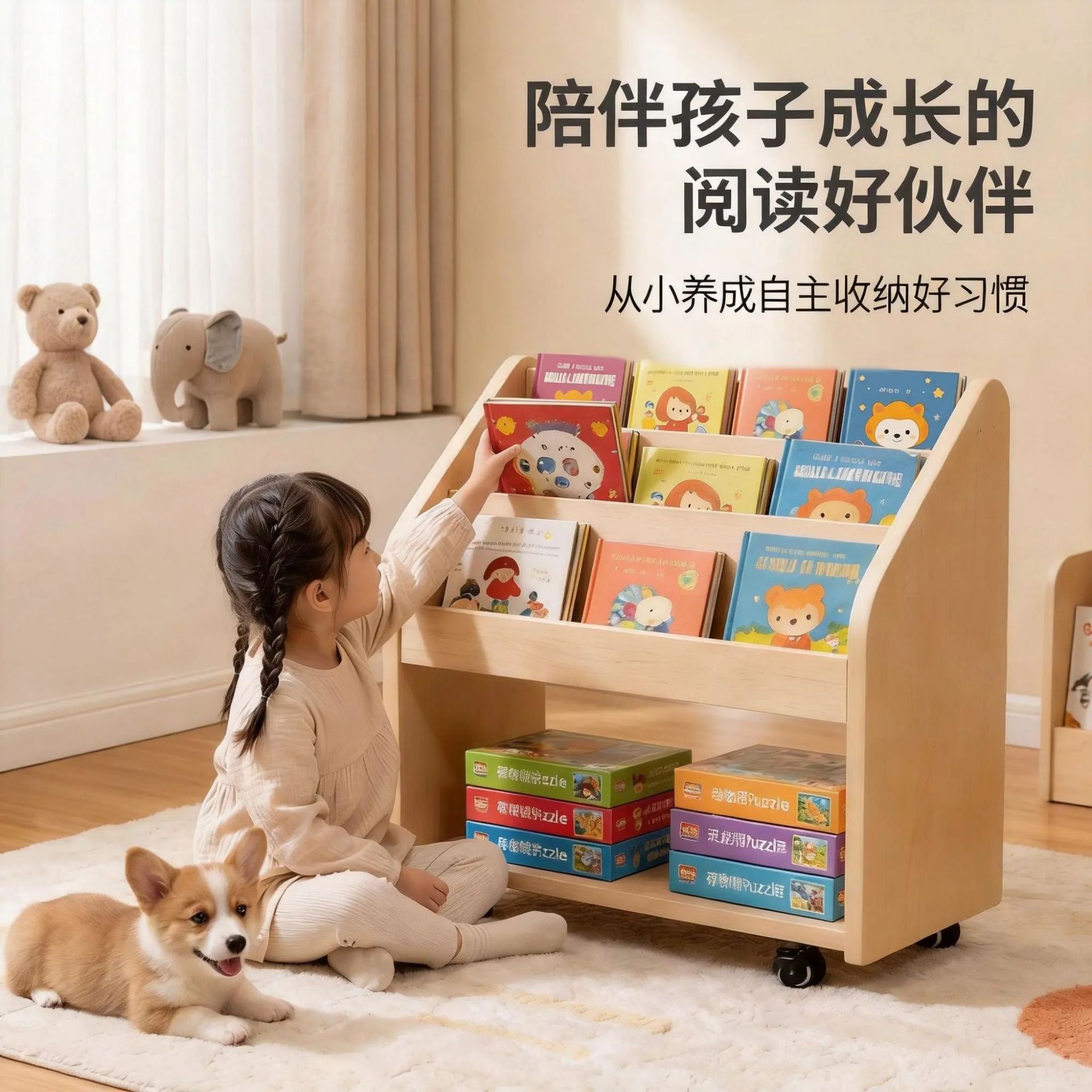 木月儿童小书架带万向轮原木色移动小书柜日式风莫干山无醛板书架
