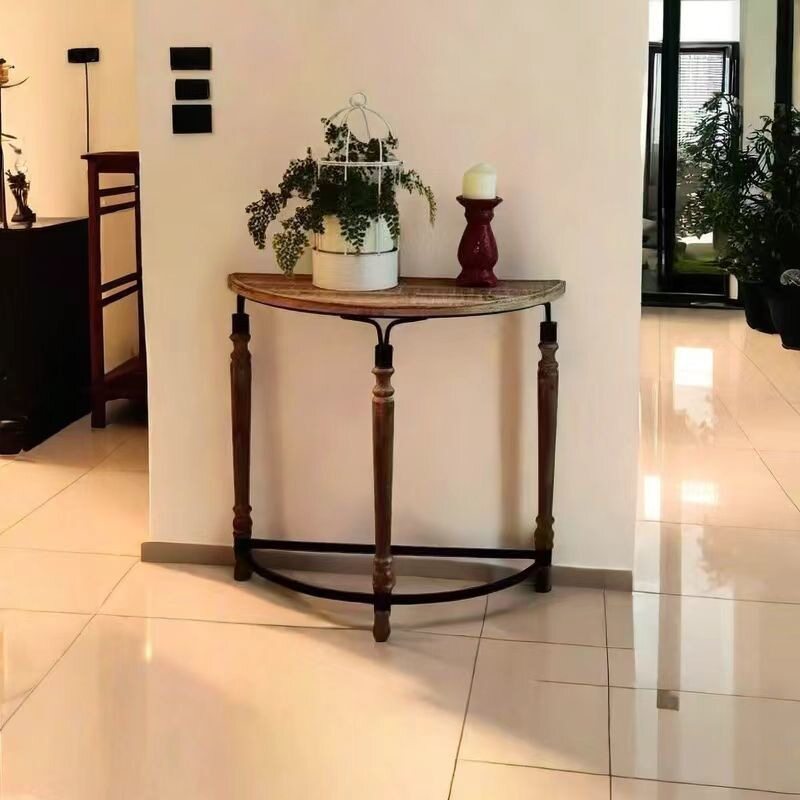 美式复古半圆桌玄关桌民宿铁艺花架家用小户型客厅靠墙