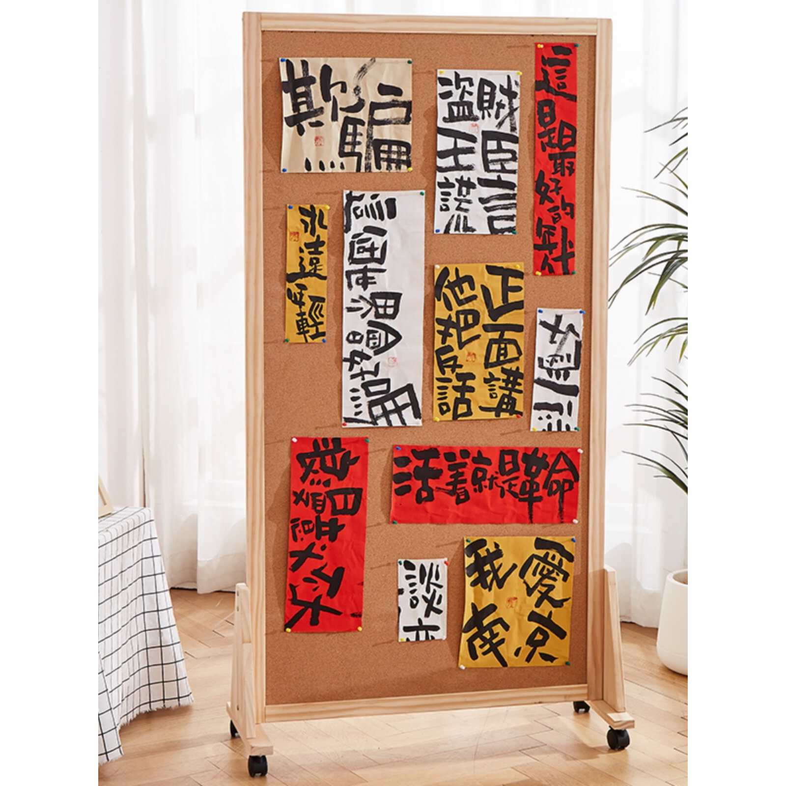 移动软木板磁吸照片墙实木画架展示架书法展览架会议室黑板落地式
