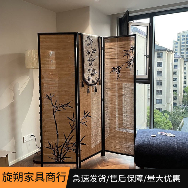 新中式隔断屏风茶楼国风竹影主题装饰墙背景茶室竹编围挡阳台改造
