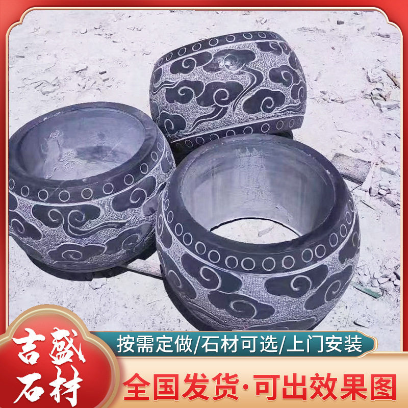 带底座青石做旧柱墩石园林古建圆形柱脚石中式雕花空心石雕柱基石