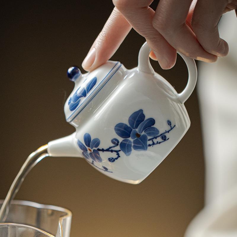 弥言白瓷釉下彩手绘玉兰花茶壶手工陶瓷描金泡茶壶单壶带过滤家用图片