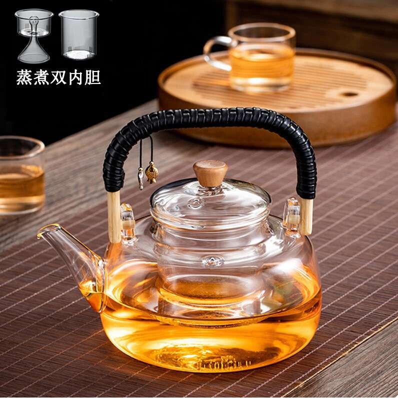 加厚高硼硅玻璃茶壶可电陶炉加热家用花茶壶竹把提梁蒸煮两用茶壶