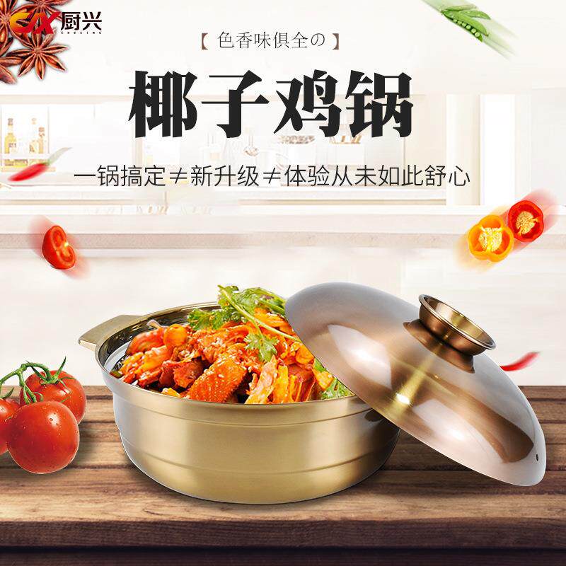 新士派加厚不锈钢汤锅海南椰子鸡煲猪肚鸡煲火锅火炭锅带盖复底