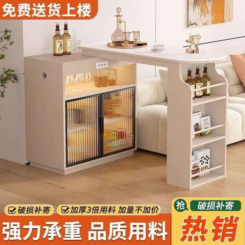 吧台隔断柜客厅抽拉式沙发旁吧台复古黑色收纳柜餐边柜带餐桌绢花