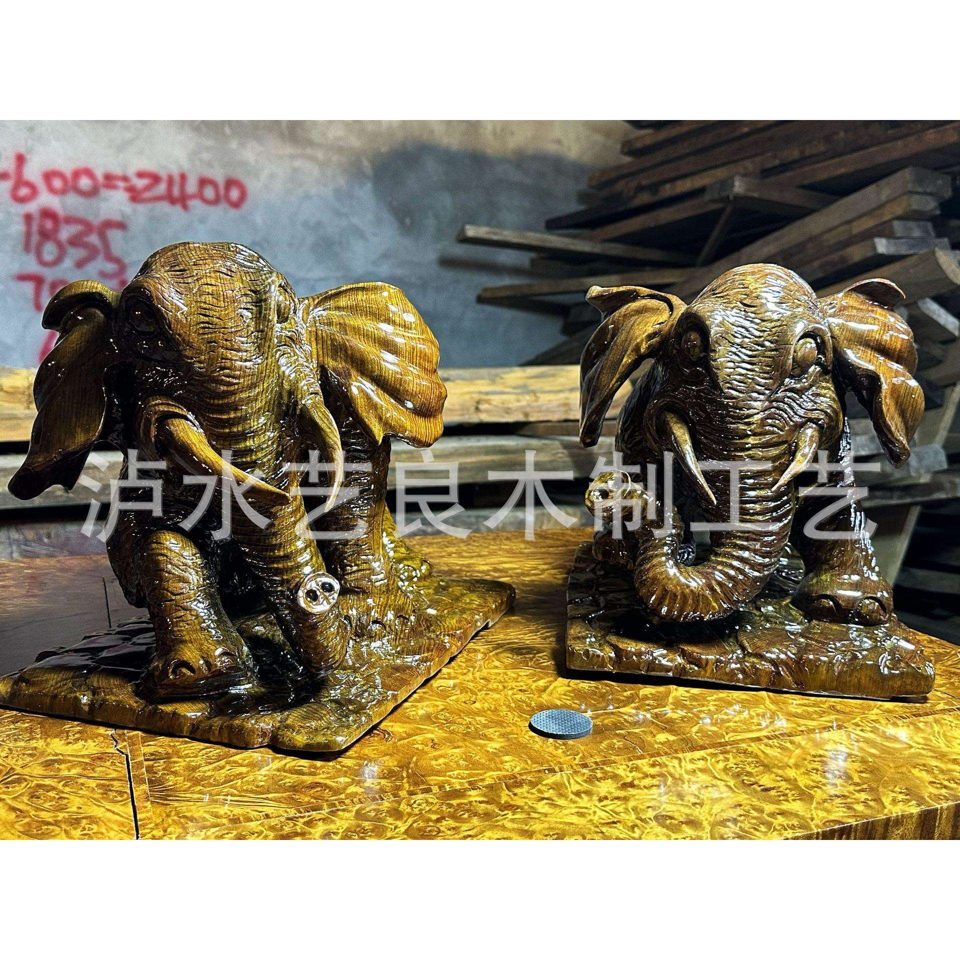 阴沉金丝楠木一体制作摆件 乌木雕件 一木两件整体刻画 大象两件