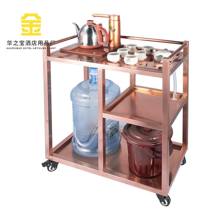 酒店餐厅茶水送餐车双层实木圆形酒水车蛋糕车4S店移动服务茶水车