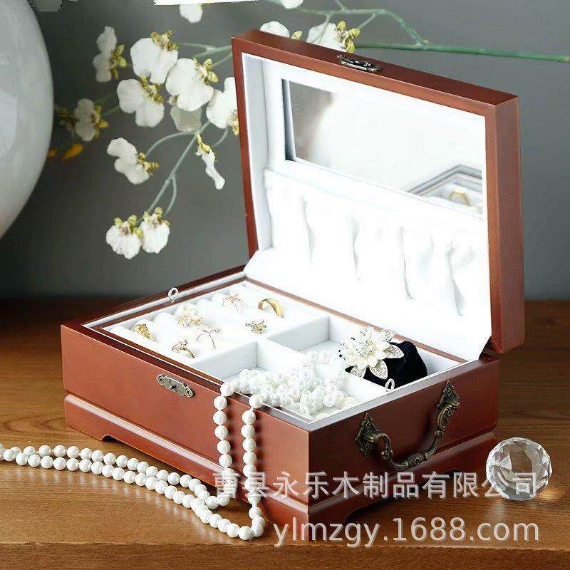 木质首饰盒珠宝盒欧式创意复古手饰品收纳盒子中式仿古 咖啡色