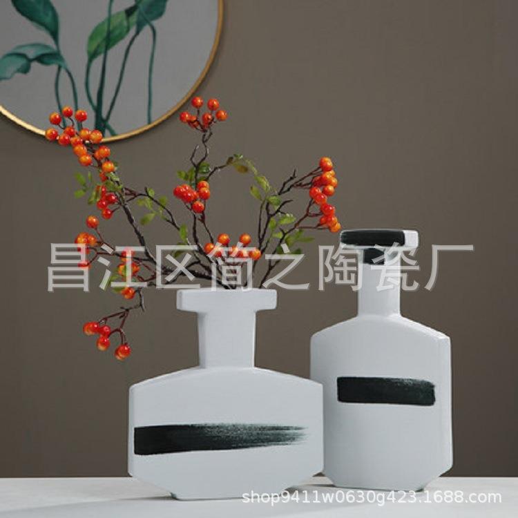 创意手绘黑白色几何图案陶瓷花瓶花器现代家居样板房软装饰品摆件