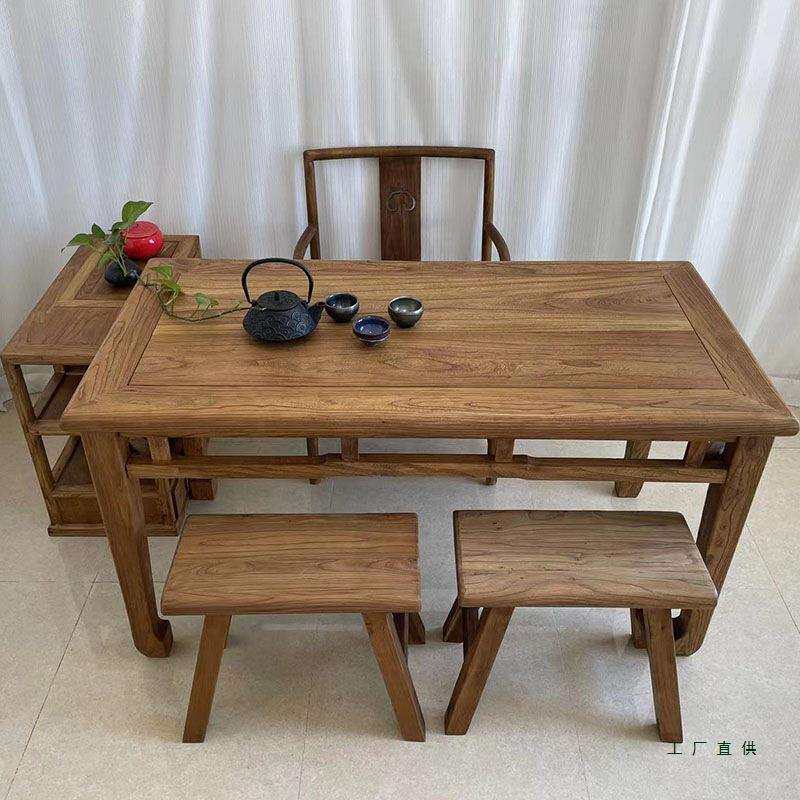 老榆木马蹄桌茶桌复古餐桌椅中式禅意实木桌条凳民宿风化原木书桌