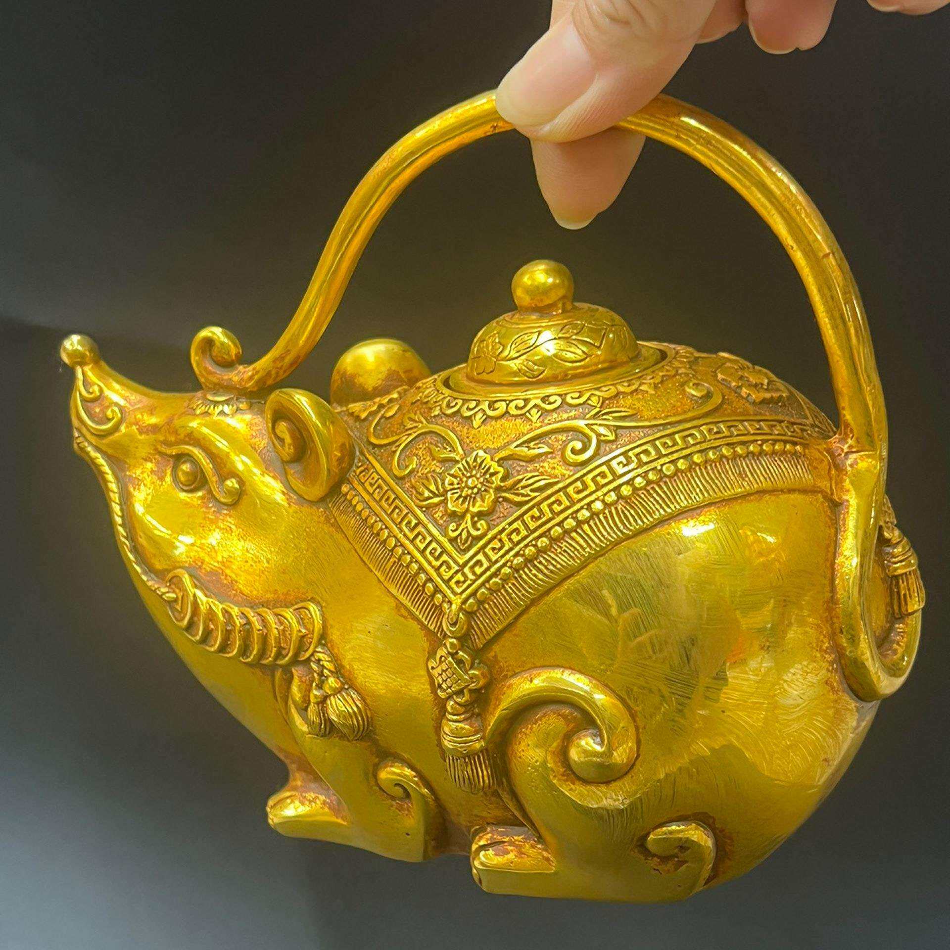 复古纯铜鎏金生肖老鼠茶壶酒壶仿古做旧摆件 铜工艺品 文创老物件