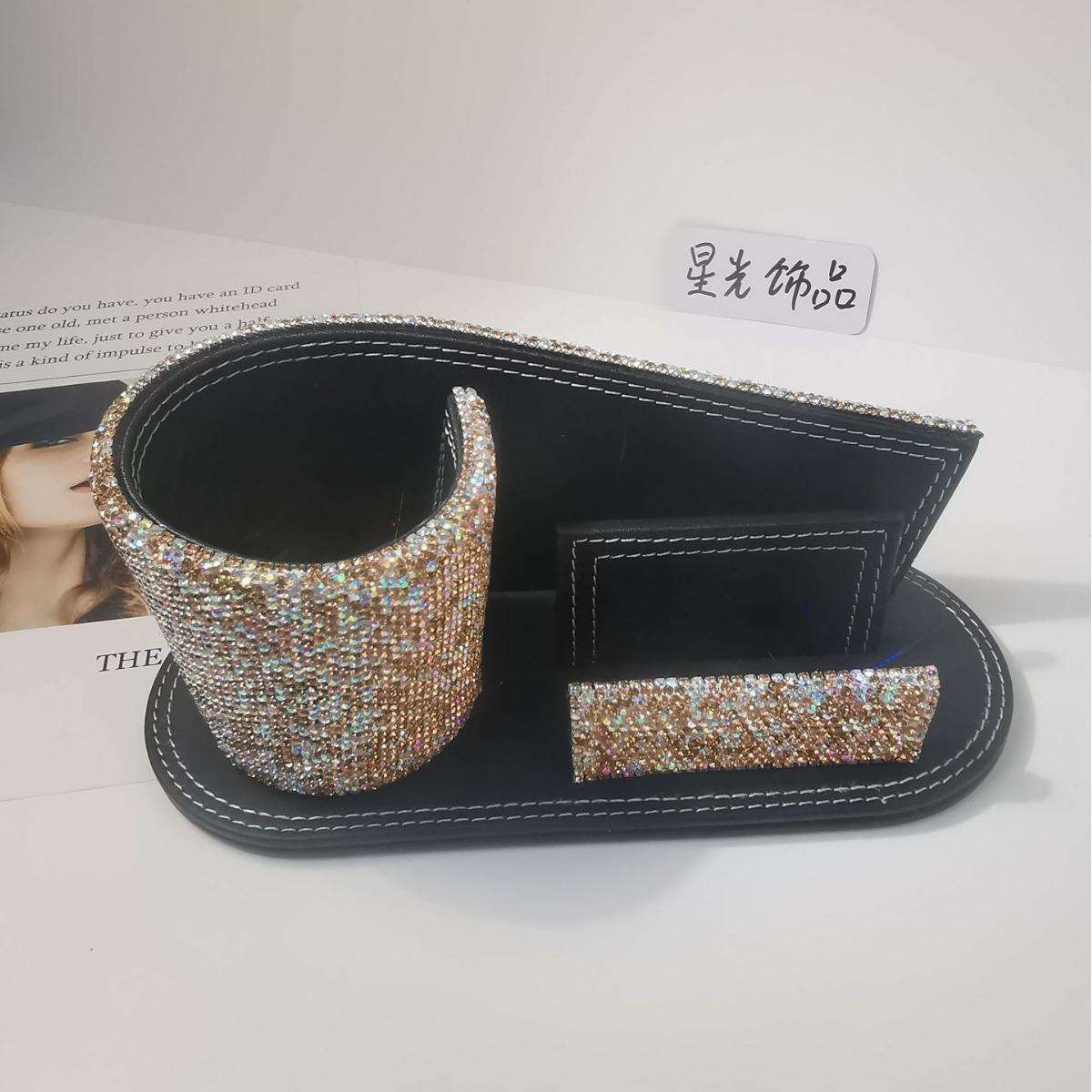 高档皮质贴钻笔筒创意时尚酒店办公桌面摆件镶钻水钻笔筒名片座