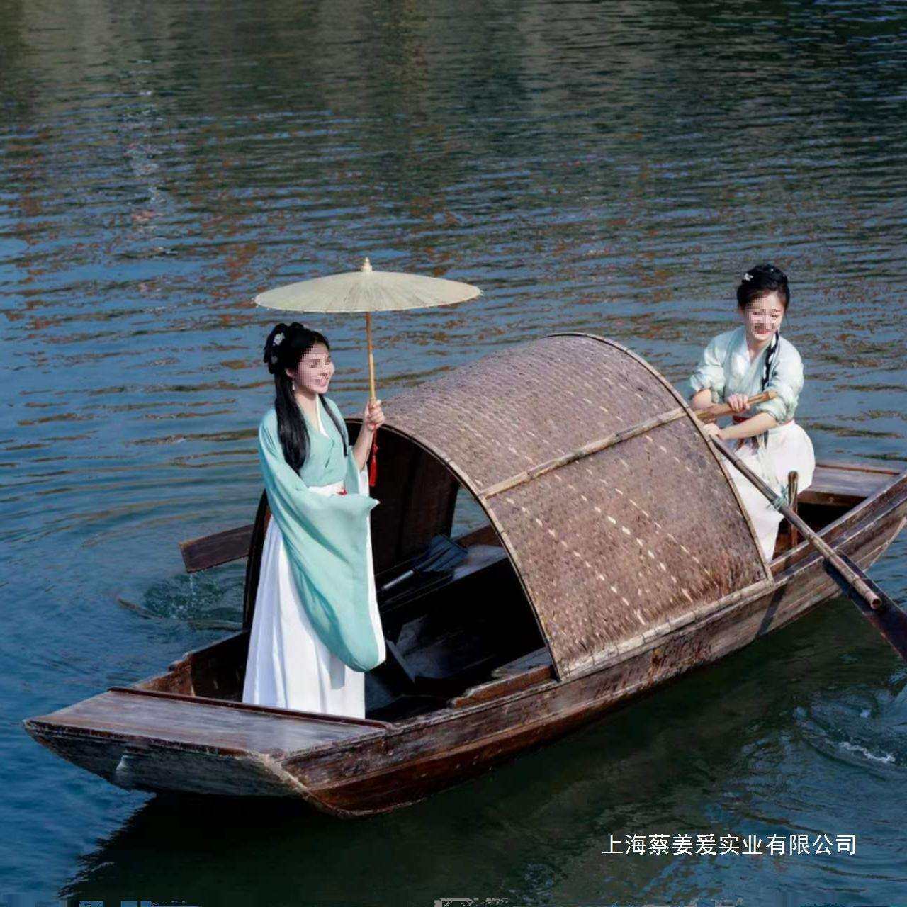 仿古乌篷船户外实木木船下水观光餐饮装饰景观摄影道具单蓬渔船