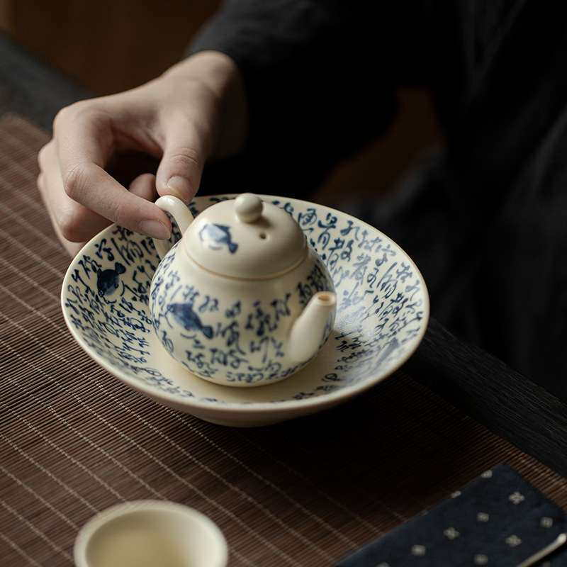 弥言苏打釉青花诗文壶承纯手工陶瓷蓄水茶台盖碗茶壶垫家用干泡盘