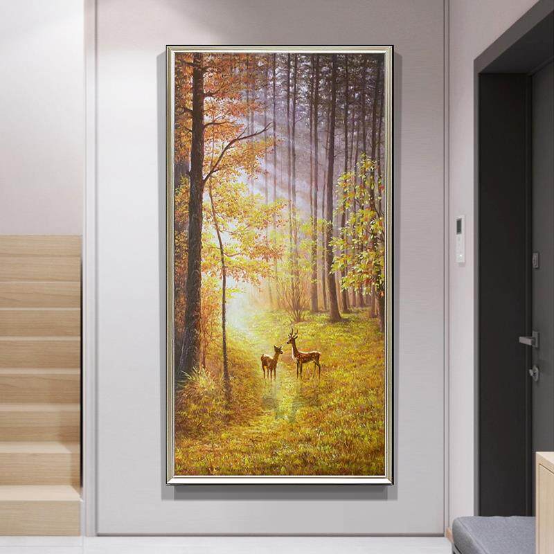 美式玄关树林风景纯手绘油画欧式走廊过道入户小鹿装饰画楼梯竖幅