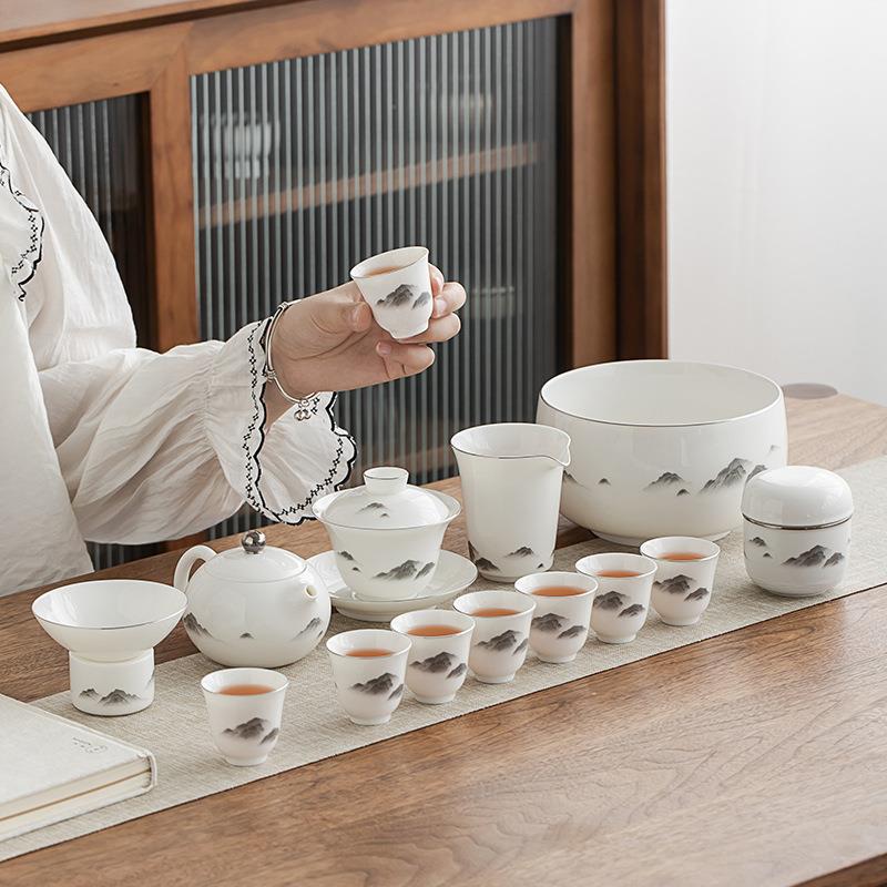 金镶玉 茶具套装 羊脂玉瓷墨岳15头大套装