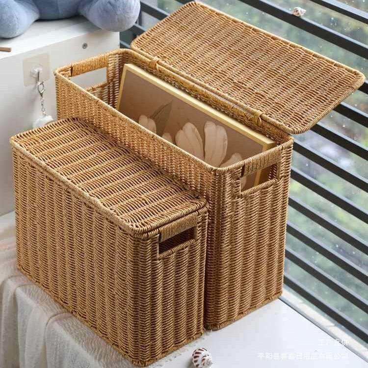 家用缝隙收纳筐窄高型带盖储物箱仿藤编墙角置物篮字画杂志篮其他