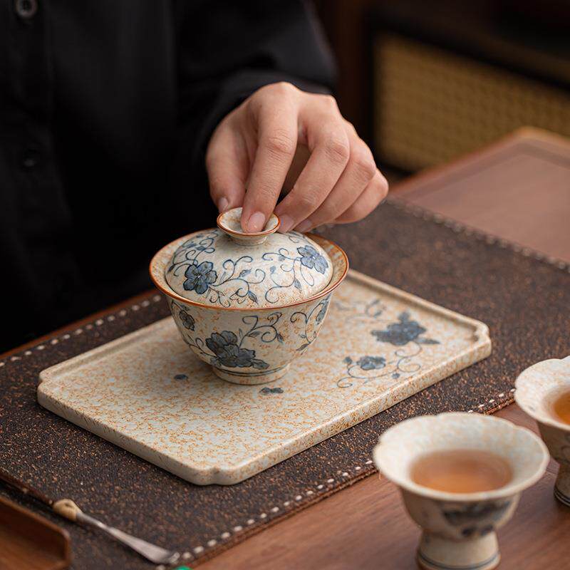 仿古焦糖釉长方干泡茶盘复古手绘缠枝莲小型茶壶托茶台