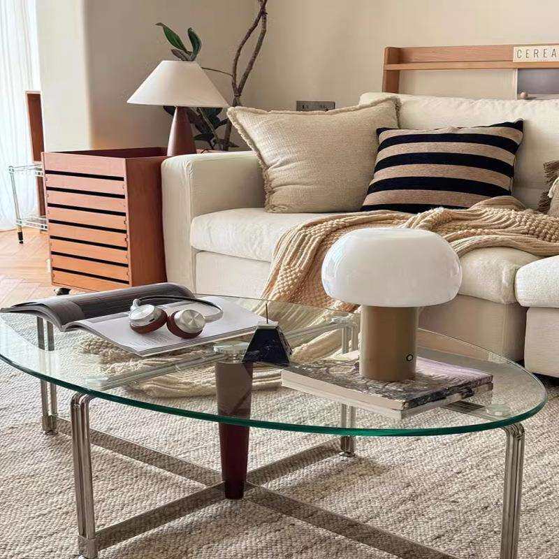 北欧复古高端钢化玻璃茶几客厅家用小创意不锈钢椭圆形桌子矮桌