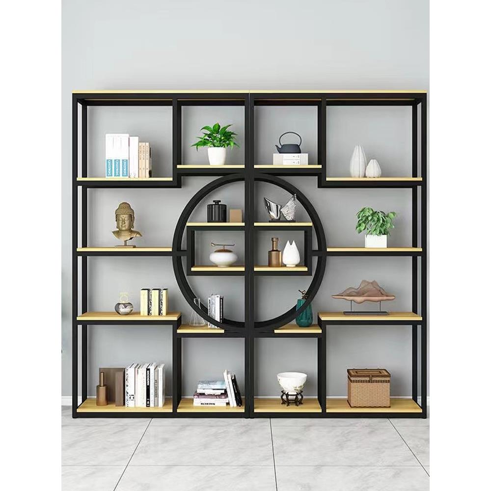 新中式博古架实木超窄奇石屏风隔断圆形多宝阁展示柜铁艺现代简约