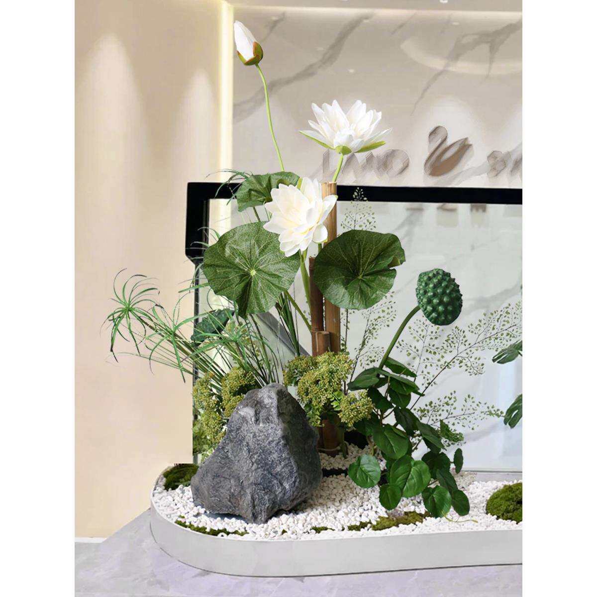 仿真荷花植物造景酒店餐厅禅意绿植摆件花艺小景竹子莲蓬落地景观