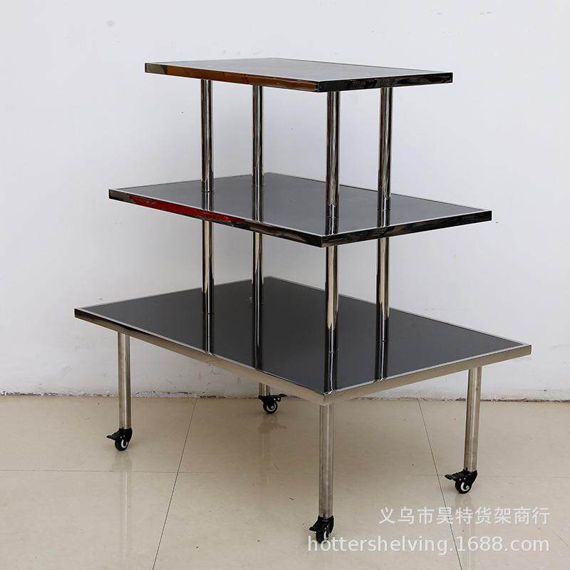 昊特尔三层不锈钢展示台黑色木板服装店烤漆流水台展示架可移动