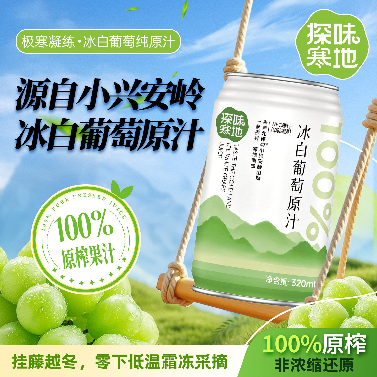 探味寒地极原汁冰白葡萄汁100%原榨果汁非浓缩320ml罐整箱装