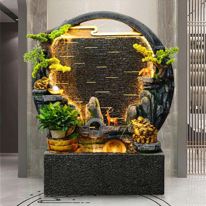 新中式水幕墙流水屏风玄关办公室风水轮景观装饰假山喷泉落地摆件