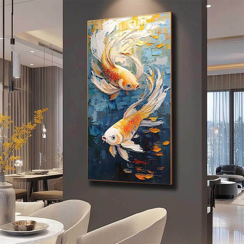 招财锦鲤手绘油画立体肌理简约现代客厅挂画年年有余好事成双壁画