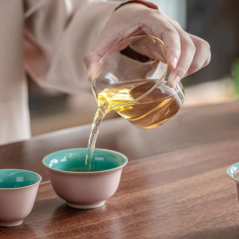 绿粉高温内外釉绣二才盖碗两杯旅行茶具公道杯提梁收纳袋茶事便携