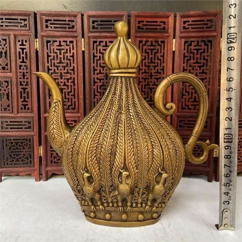 精品仿古铜器古玩收藏 孔雀开屏壶酒壶茶壶摆件 家居用品装饰摆设