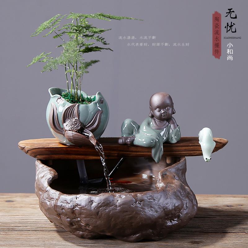 创意制作循环水养鱼流水摆件陶瓷客厅办公室桌面加湿器喷泉流水器