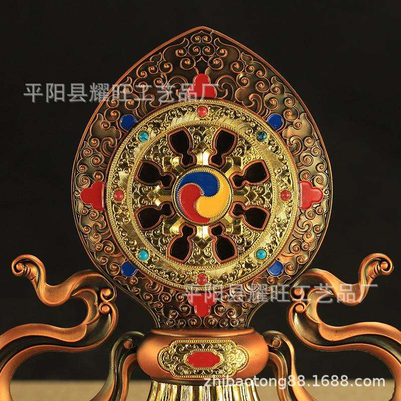 特大铜合金彩绘镀金双鹿法轮宝堂供具摆件法器小号