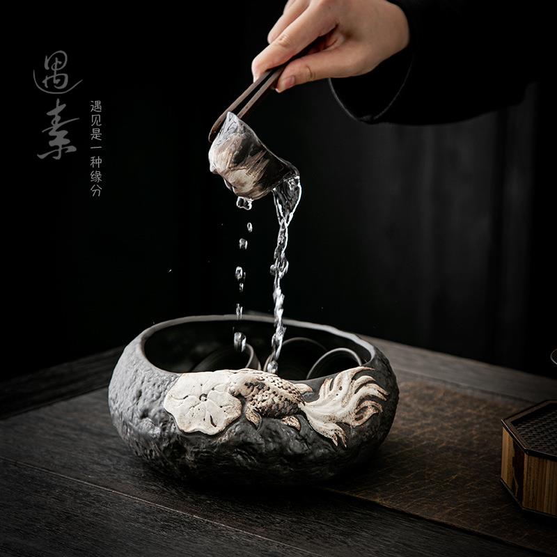 中式粗陶茶洗大号笔洗陶瓷水盂茶碗茶渣缸笔洗茶道配件茶杯收纳盆