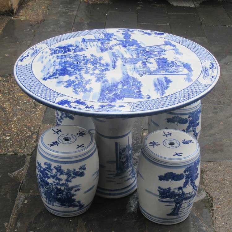 陶瓷桌椅摆件 陶瓷桌子凳子家居庭院中式摆件青花瓷竹林七贤圆桌