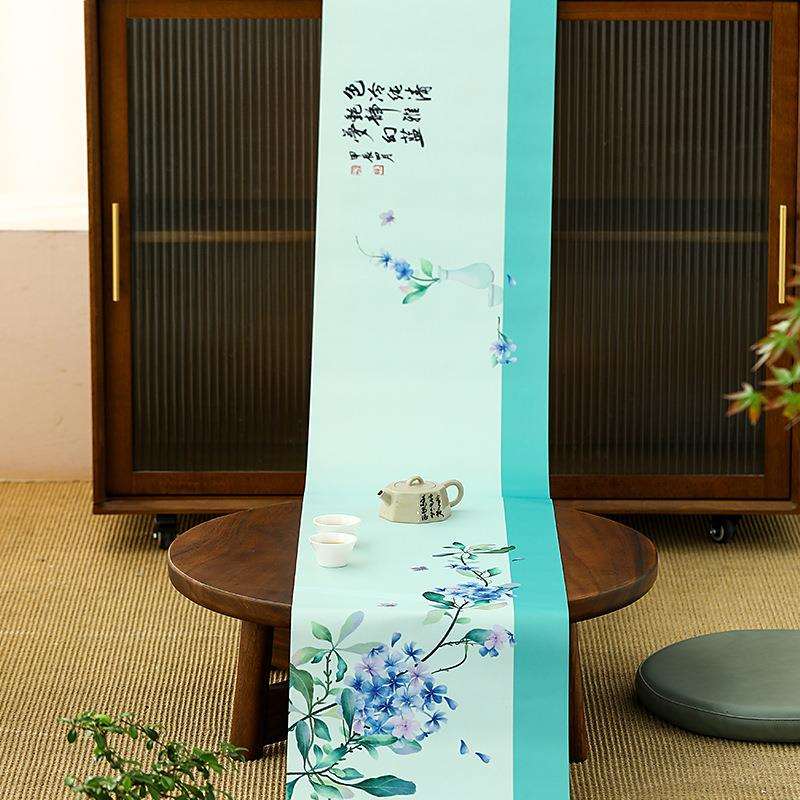防水茶席新中式禅意桌旗复古国画风茶桌布垫大号长条干泡茶席