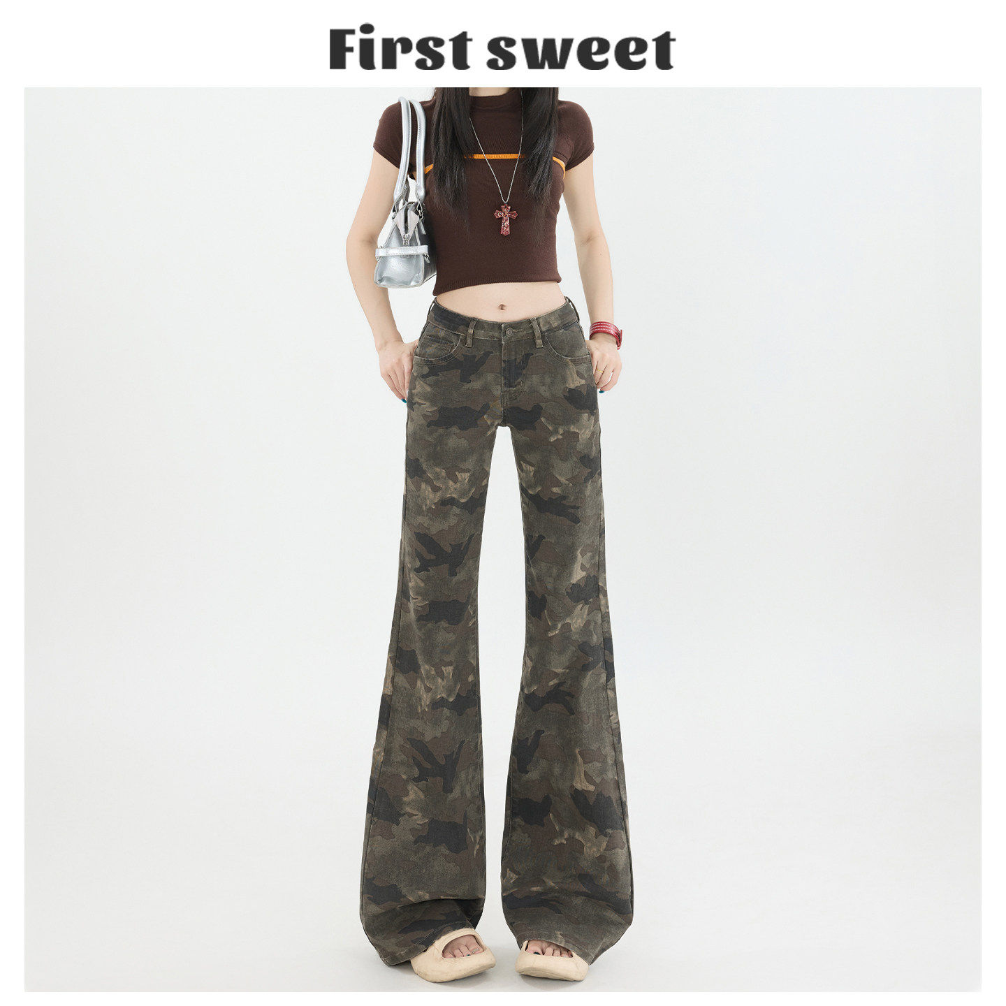 迷彩低腰微喇牛仔裤女2025夏薄款宽松显瘦直筒不贴腿喇叭拖地裤子