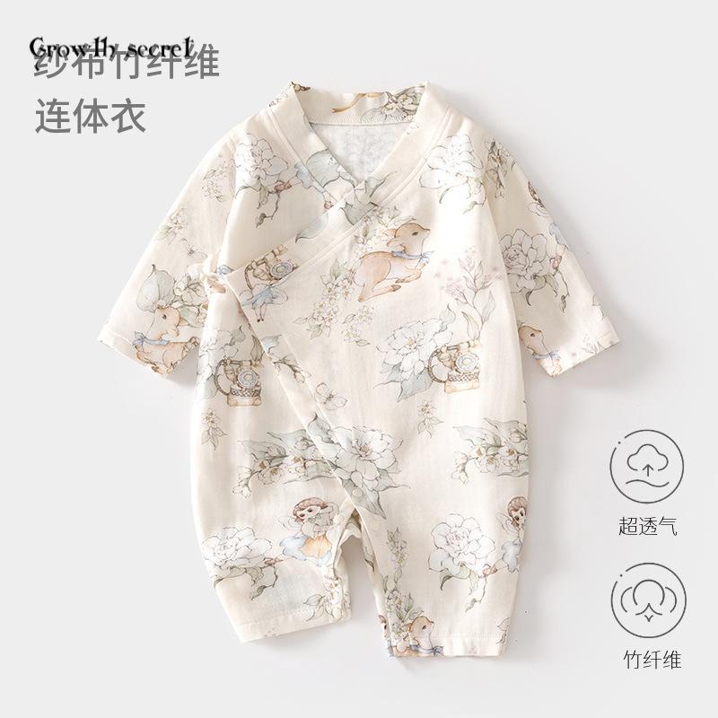 婴儿纱布连体衣宝宝夏款爬服长袖竹纤维哈衣儿童夏季空调服新生儿